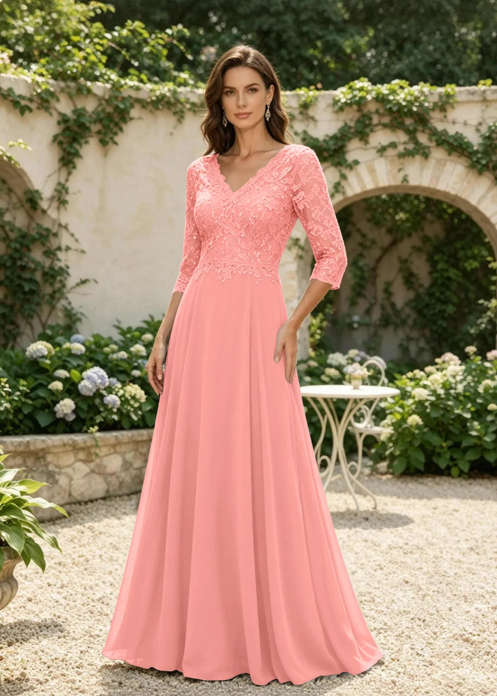 Dusty Blue V-Neck Three-Quarter Lace-Sleeve Maxi Dress