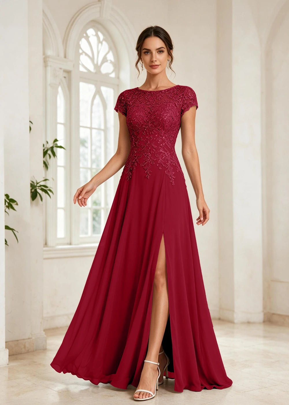 Slate Blue Beaded Cap-Sleeve Chiffon Formal Dress
