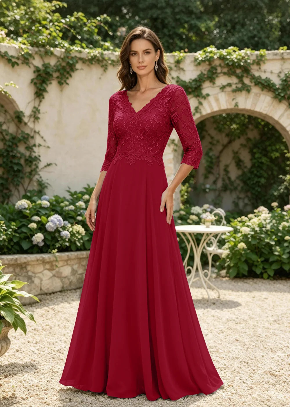 Dusty Blue V-Neck Three-Quarter Lace-Sleeve Maxi Dress