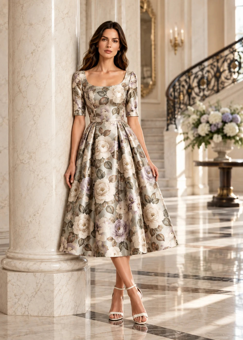 Detail view of the champagne botanical A-line midi dress with elbow sleeves