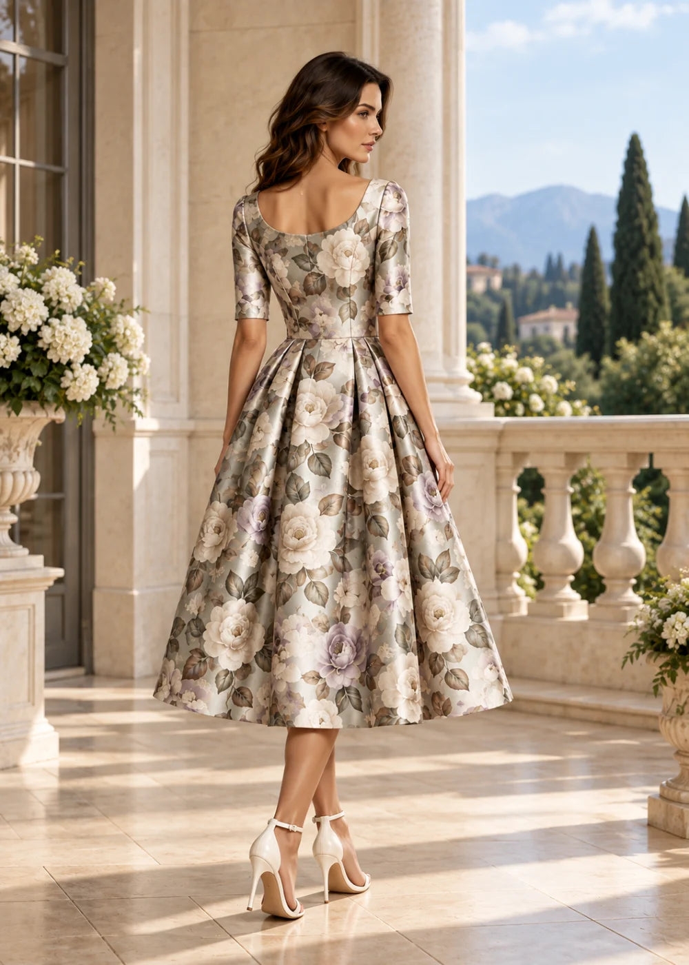 Detail view of the champagne botanical A-line midi dress with elbow sleeves