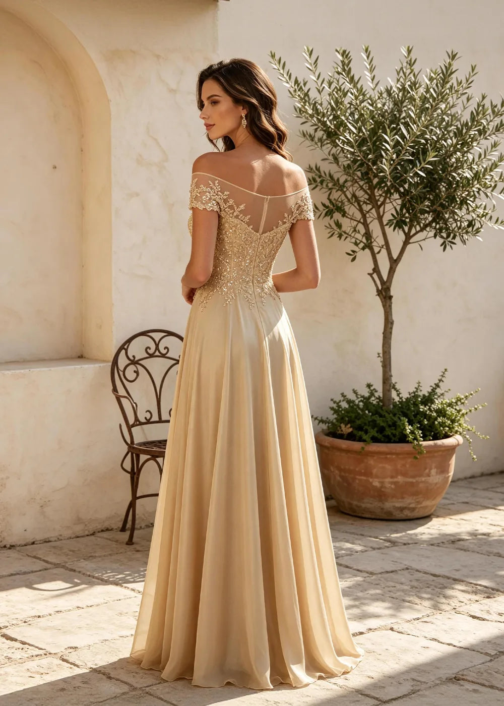 Champagne Off the Shoulder Maxi Dress with Lace