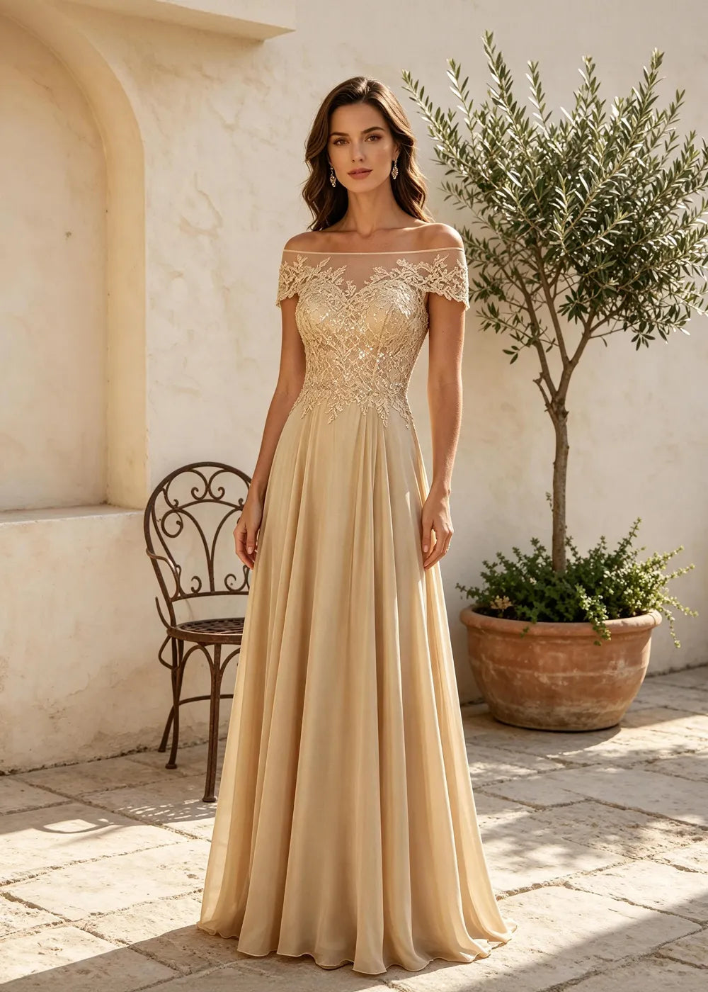 Champagne Off the Shoulder Maxi Dress with Lace