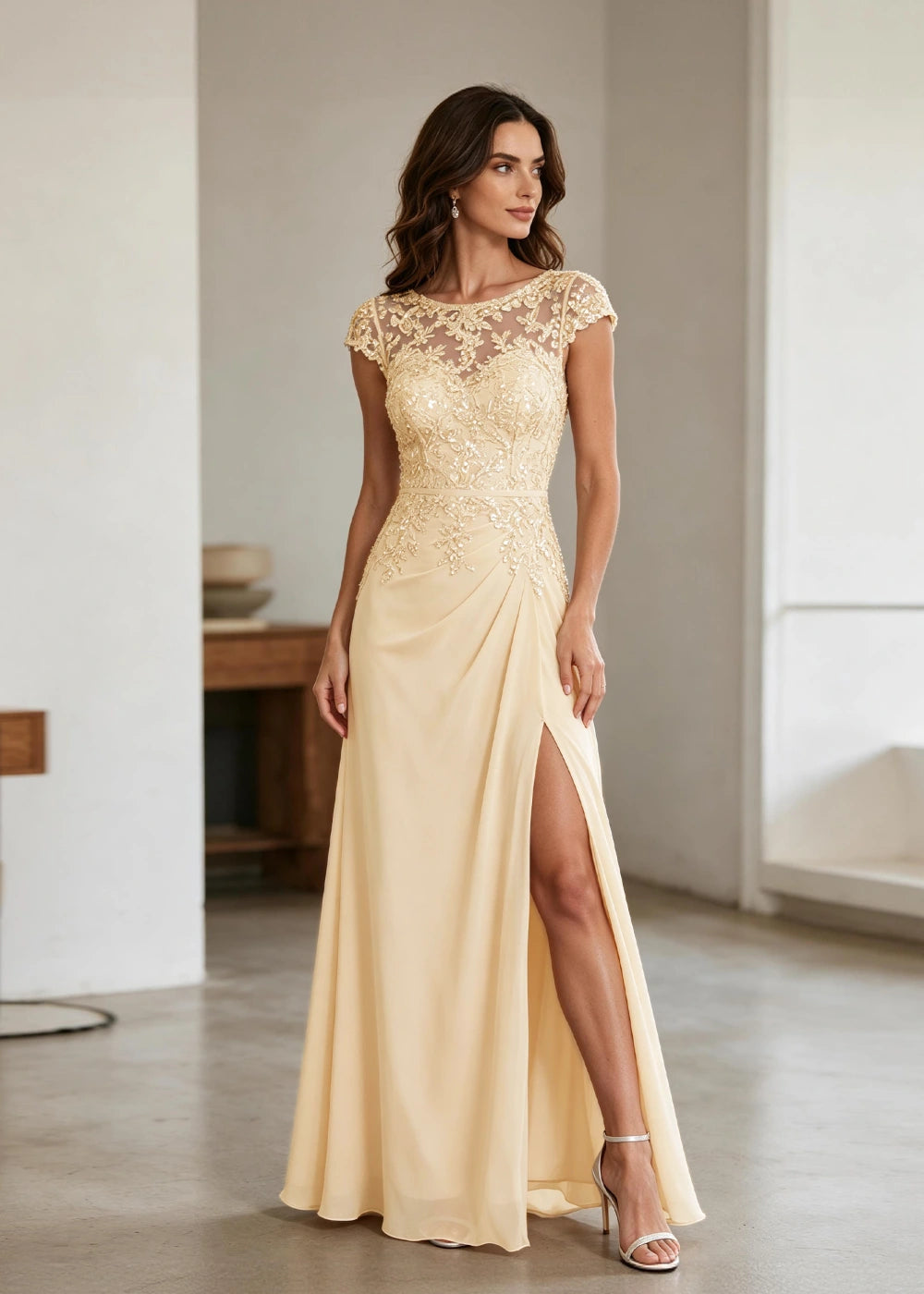 Champagne Lace Cap-Sleeve Chiffon Formal Dress