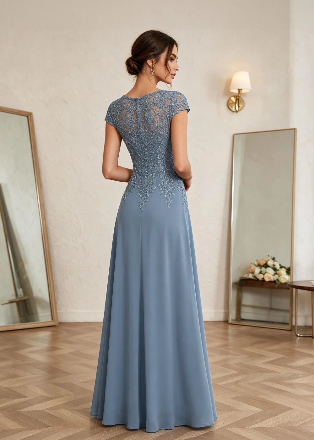 Dusty Blue Cap-Sleeve Lace Chiffon Dress with Slit