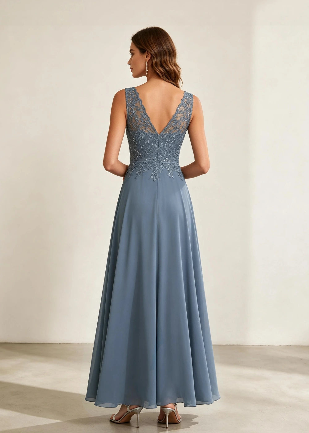Dusty Blue Sleeveless Lace-Bodice Chiffon Formal Dress