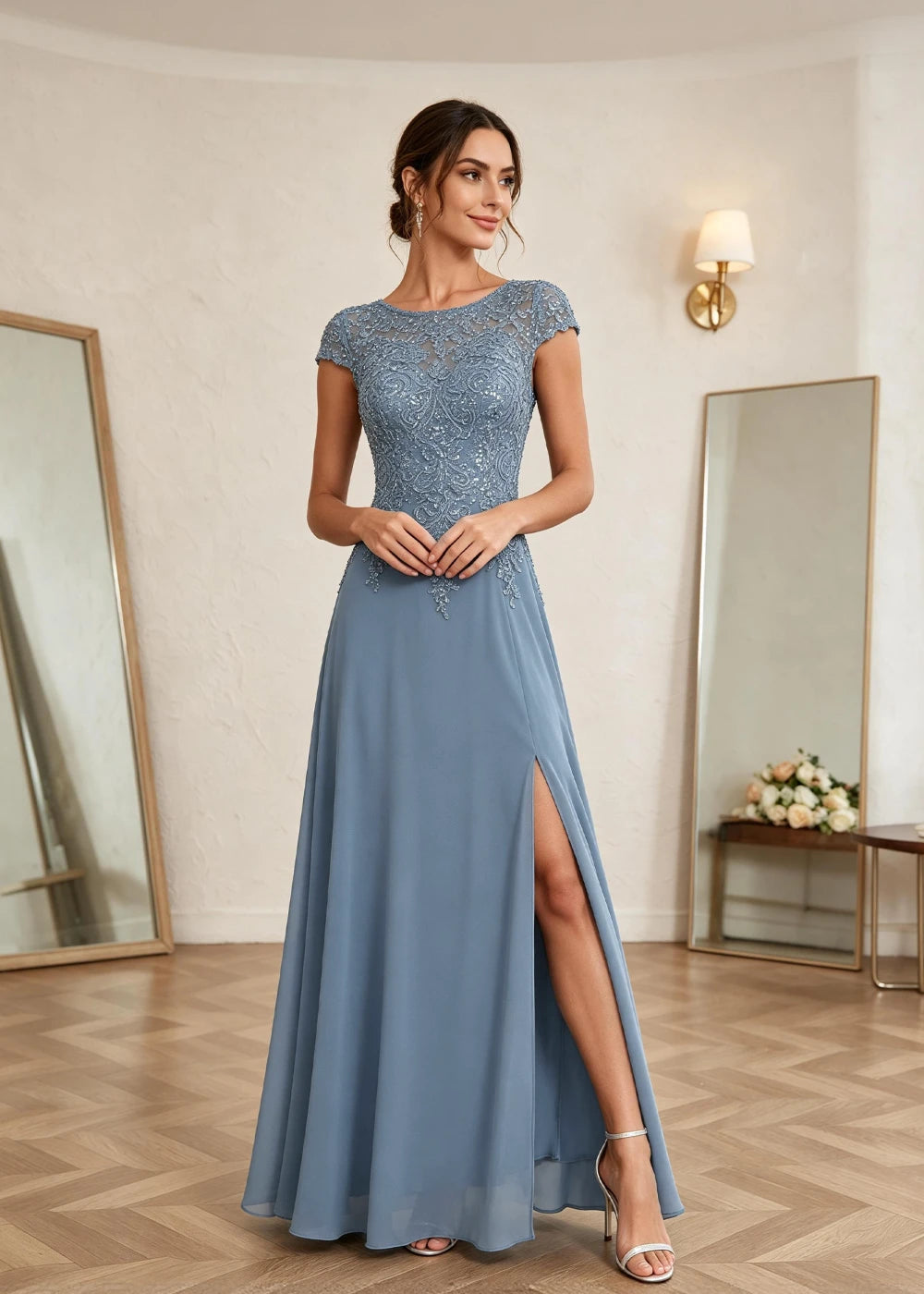 Dusty Blue Cap-Sleeve Lace Chiffon Dress with Slit