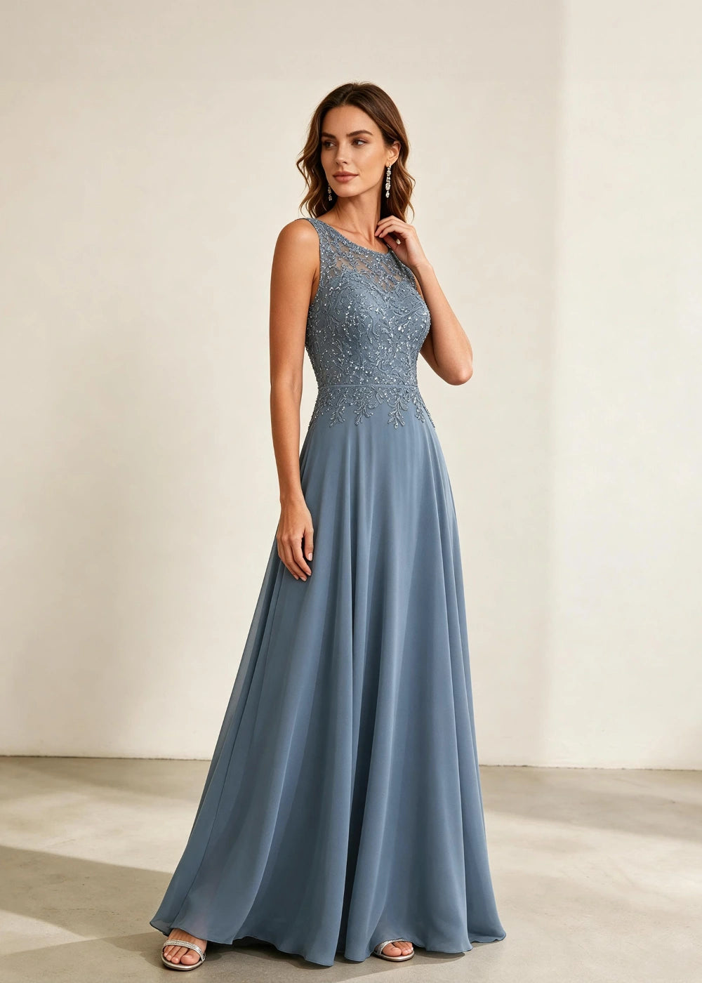 Dusty Blue Sleeveless Lace-Bodice Chiffon Formal Dress