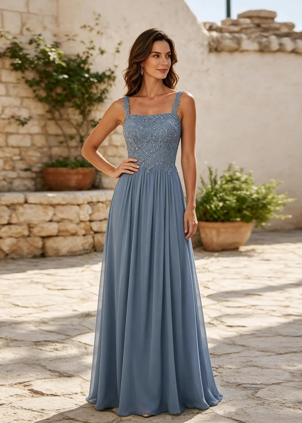 Dusty Blue Square-Neck Beaded Chiffon Evening Gown