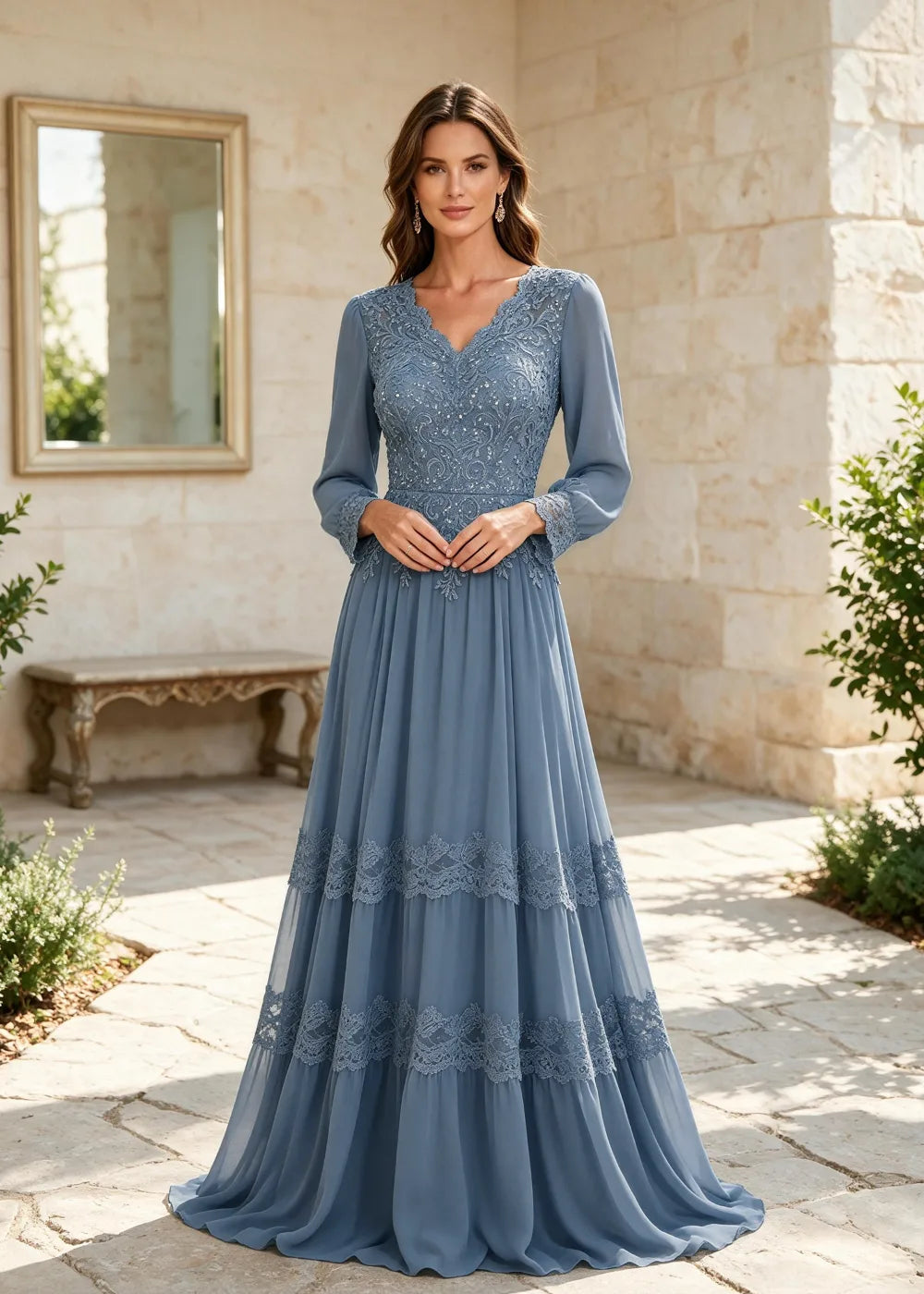 Dusty Blue Long-Sleeve Lace-Tiered Chiffon Gown