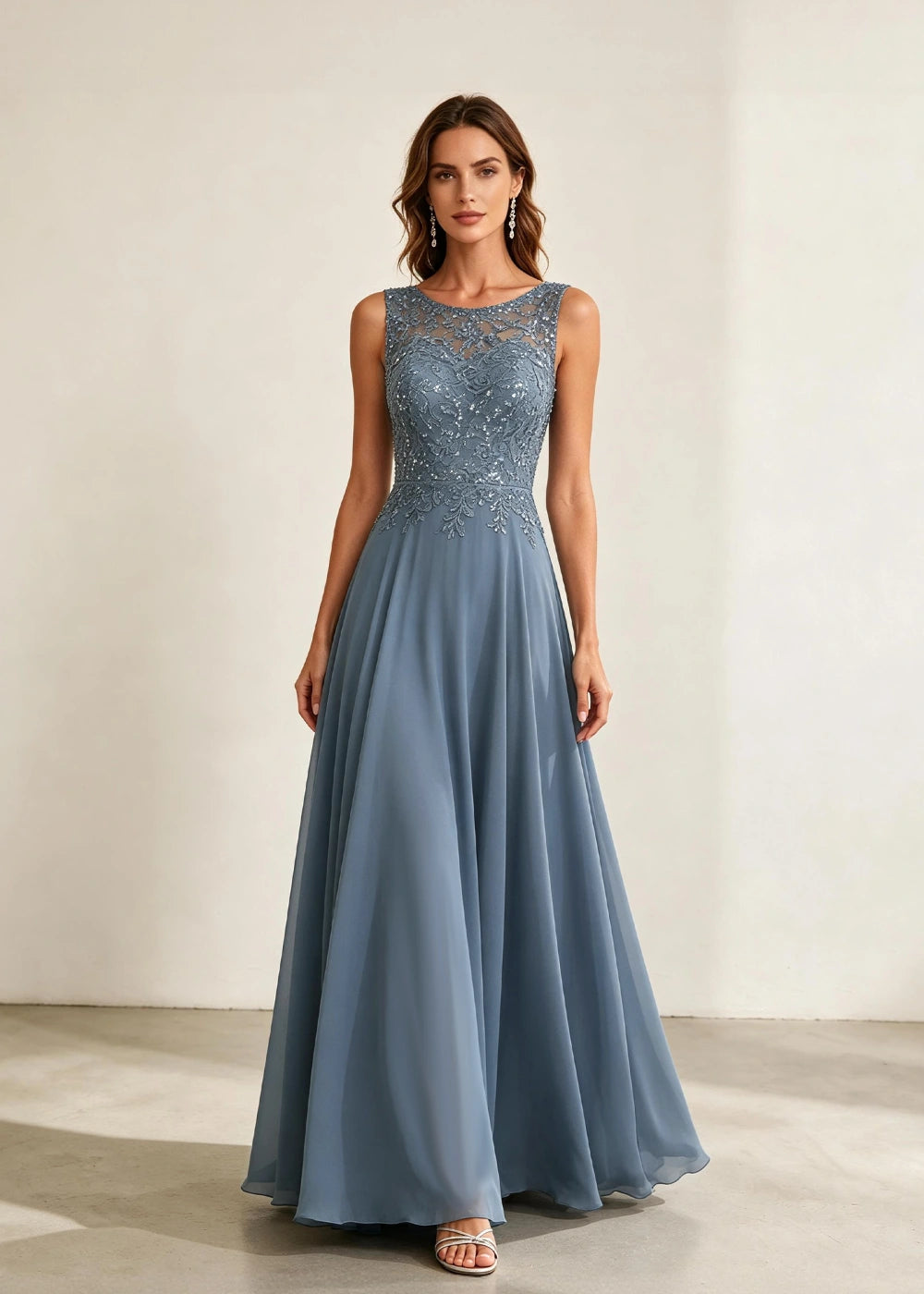 Dusty Blue Sleeveless Lace-Bodice Chiffon Formal Dress