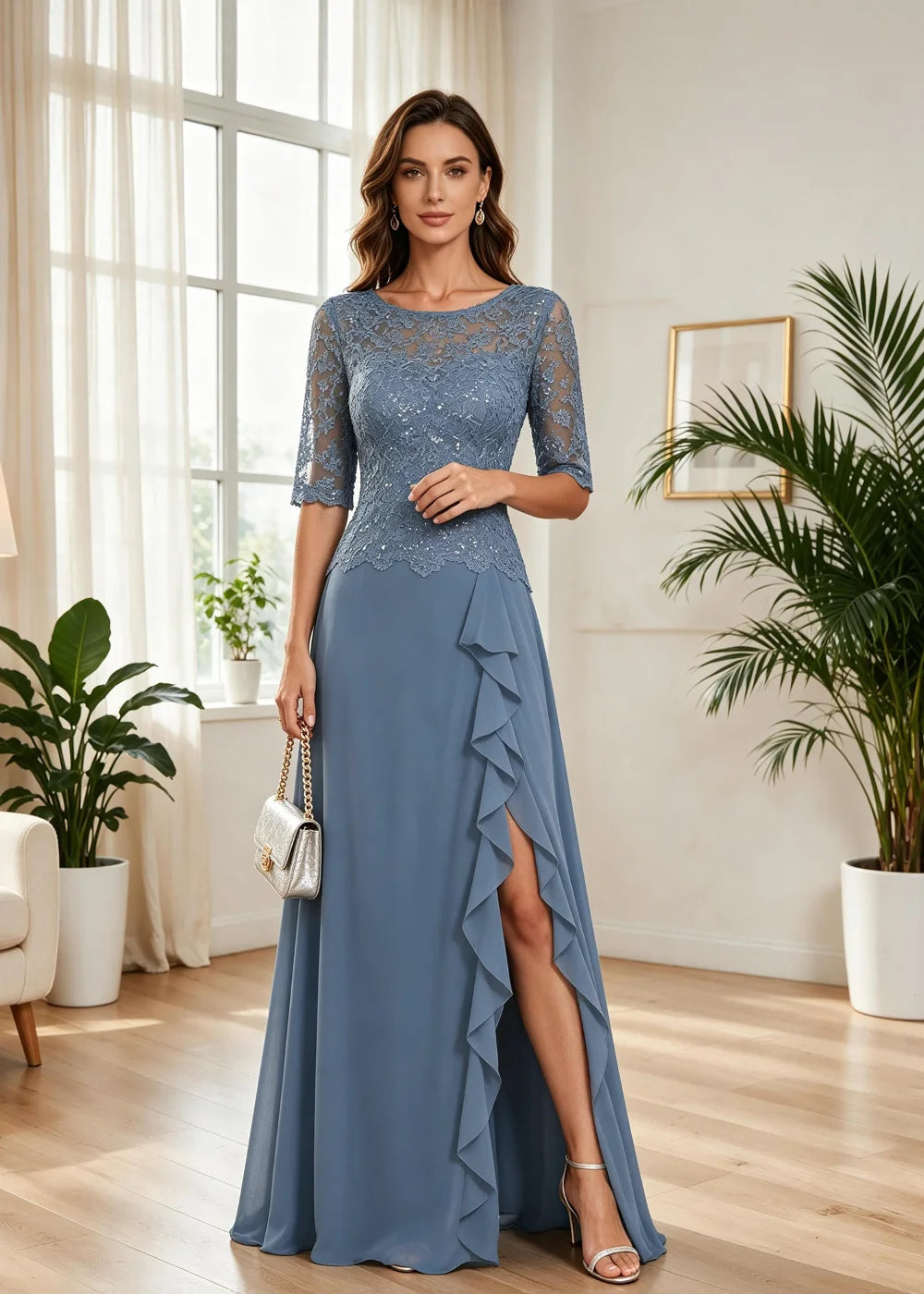Dusty Blue Lace-Sleeve Ruffle Chiffon Formal Dress