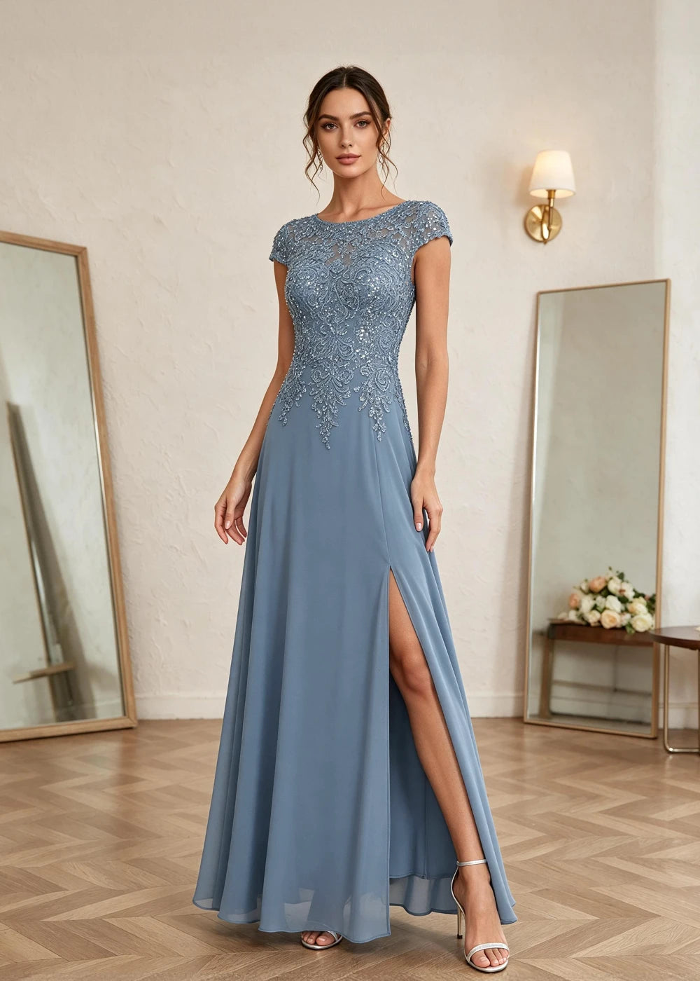 Dusty Blue Cap-Sleeve Lace Chiffon Dress with Slit