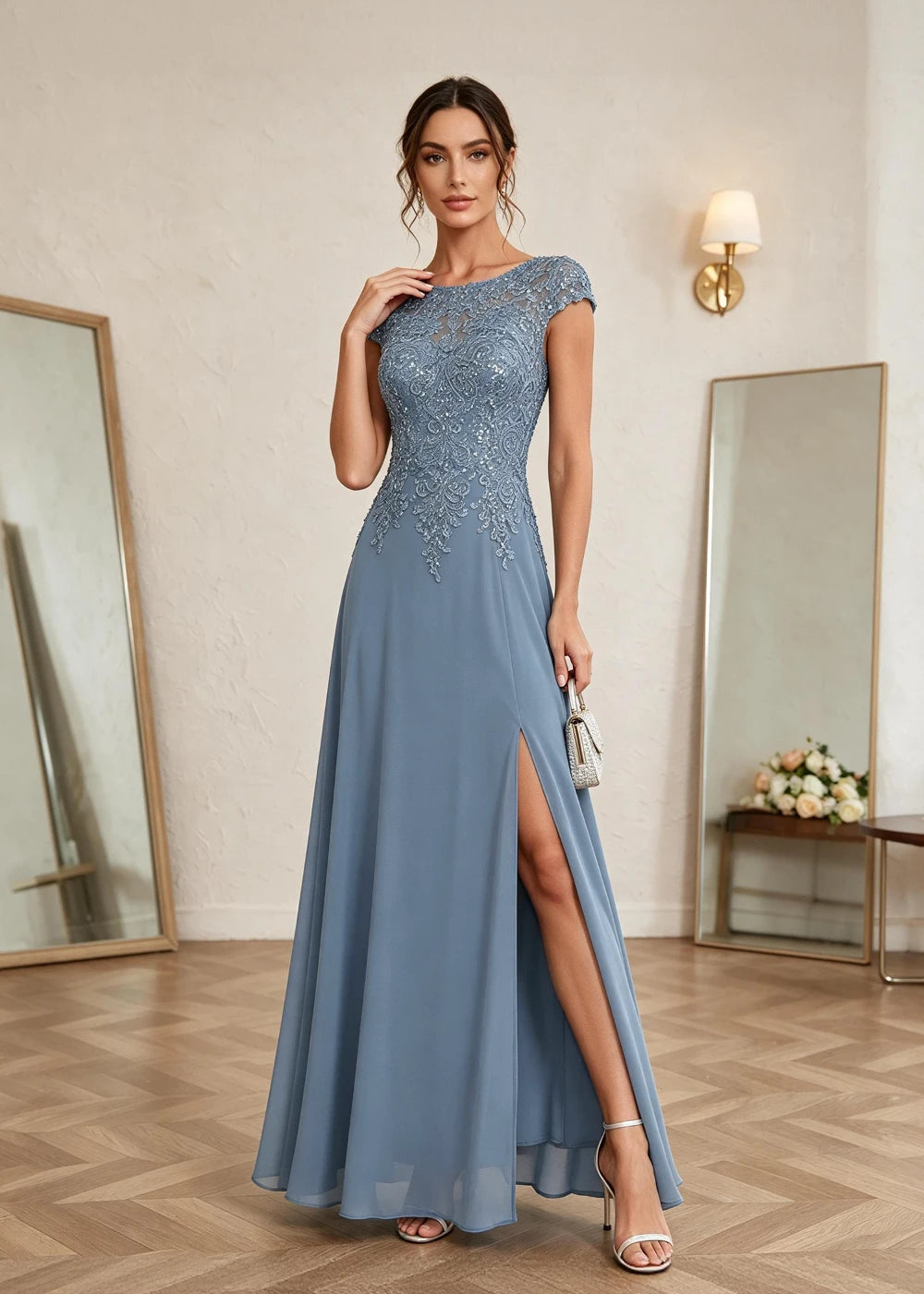Dusty Blue Cap-Sleeve Lace Chiffon Dress with Slit