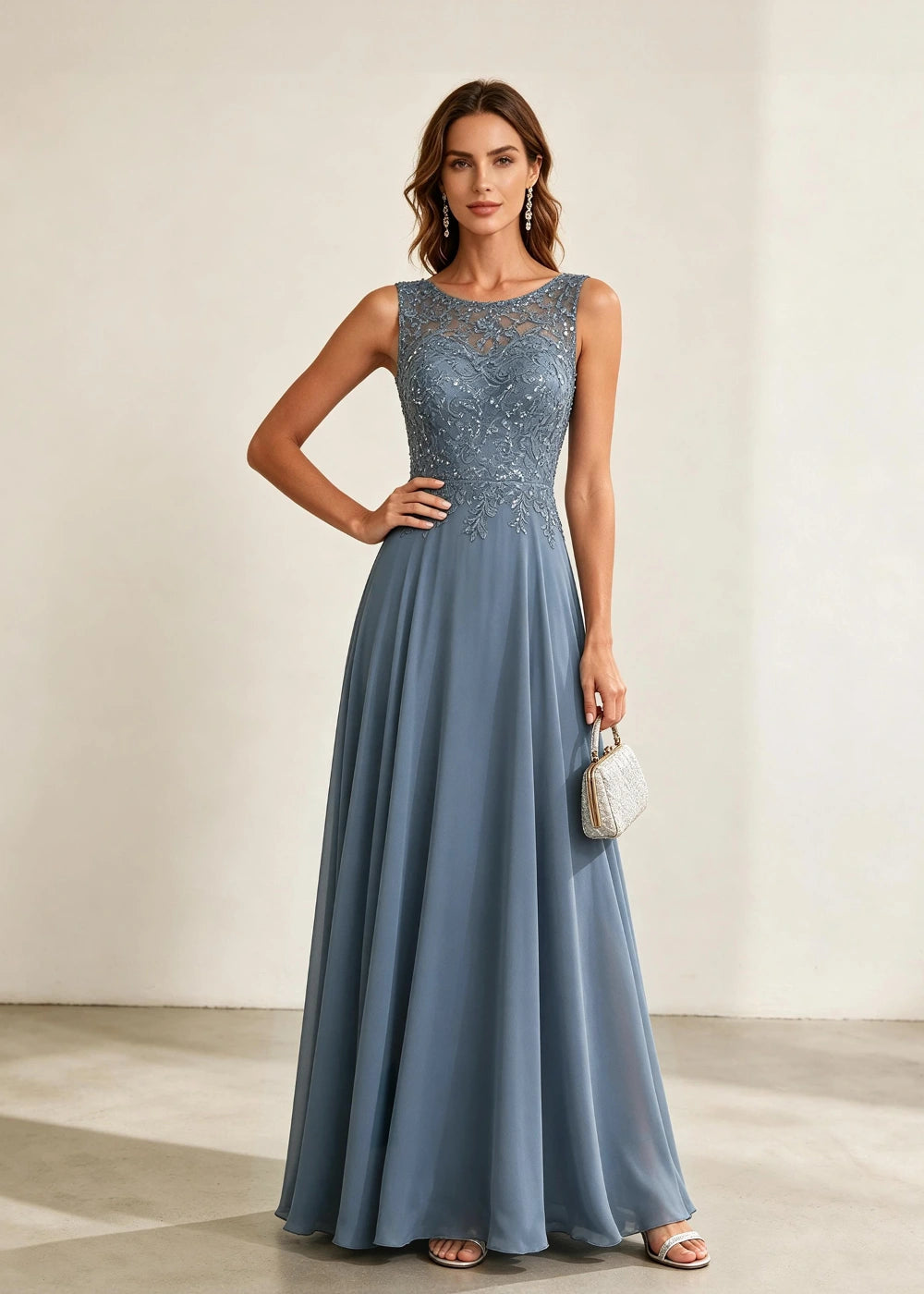 Dusty Blue Sleeveless Lace-Bodice Chiffon Formal Dress