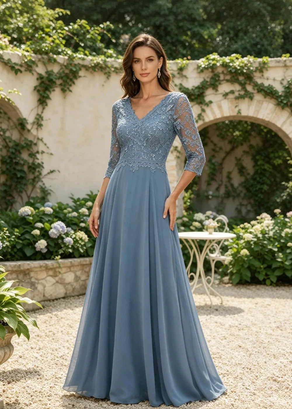Dusty Blue V-Neck Three-Quarter Lace-Sleeve Maxi Dress