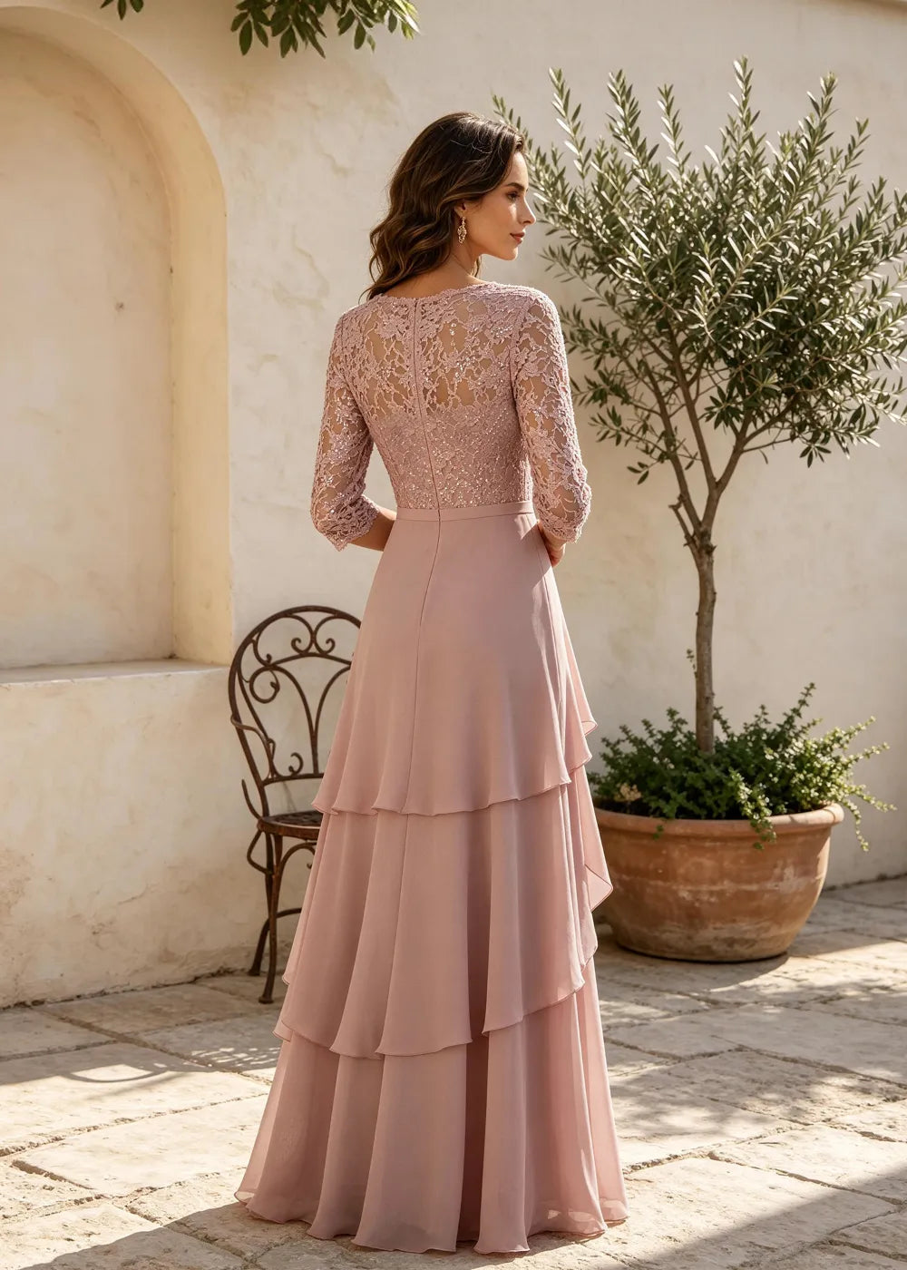 Dusty Rose V-Neck Ruffle Chiffon Maxi Dress