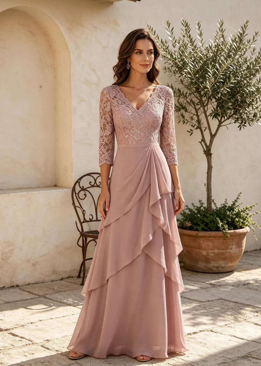 Dusty Rose V-Neck Ruffle Chiffon Maxi Dress
