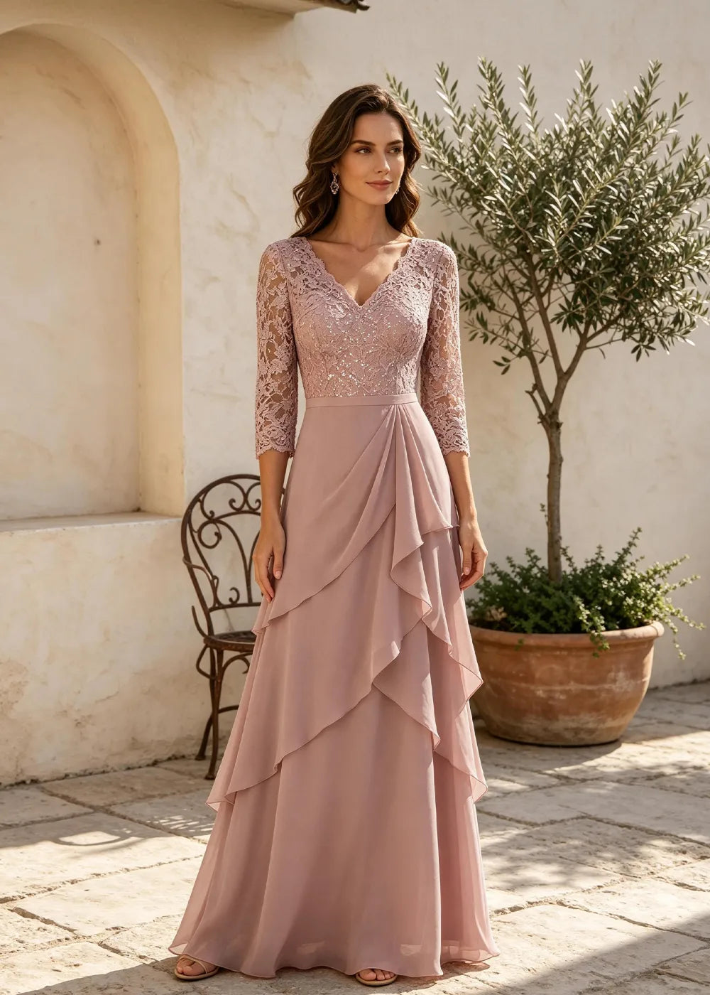 Dusty Rose V-Neck Ruffle Chiffon Maxi Dress