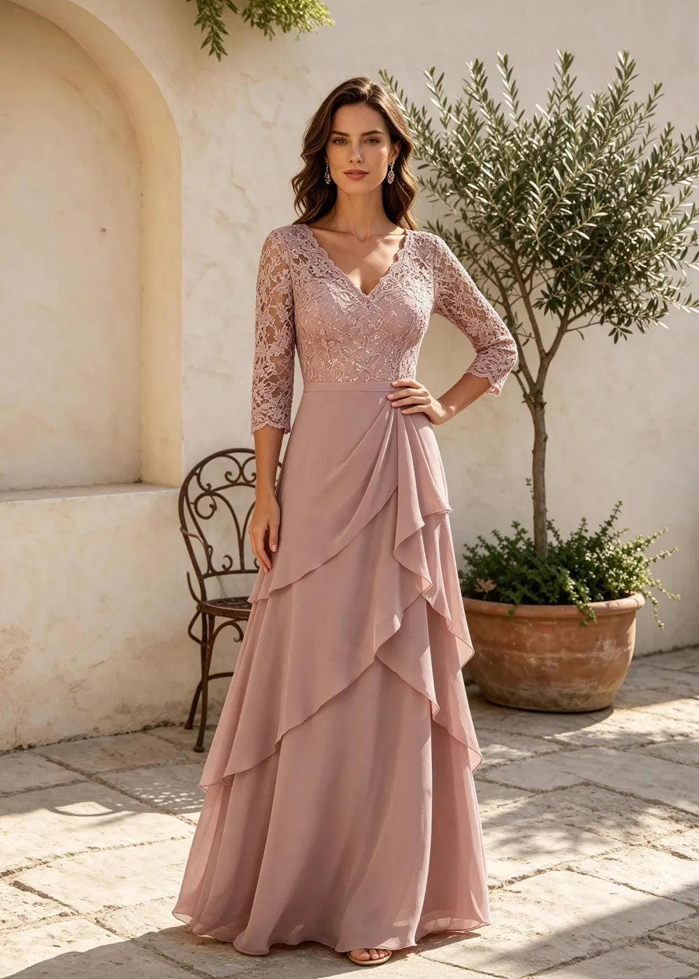 Dusty Rose V-Neck Ruffle Chiffon Maxi Dress