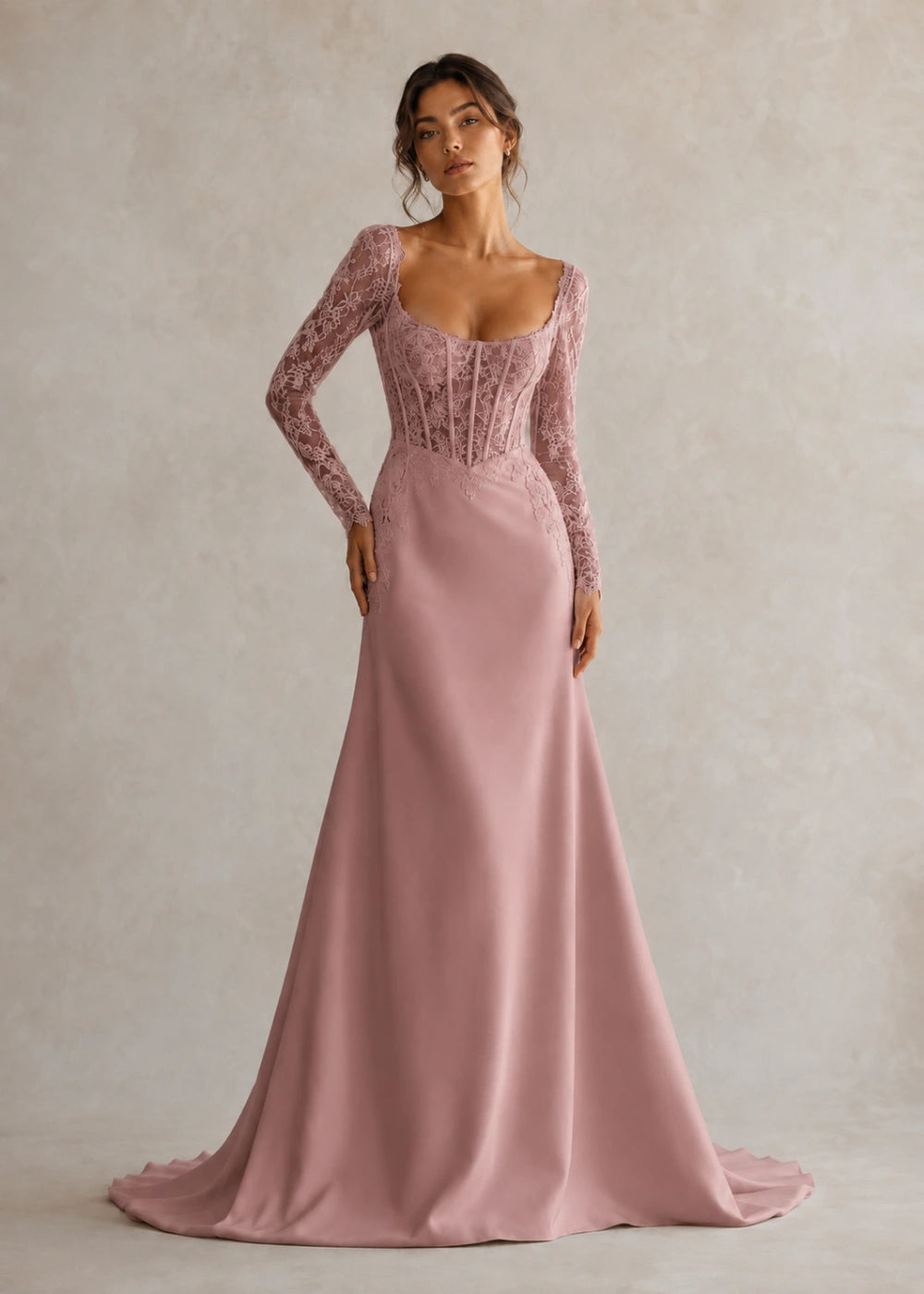 Front view of the dusty rose square-neck fitted gown with long floral-lace sleeves and a softly flared train