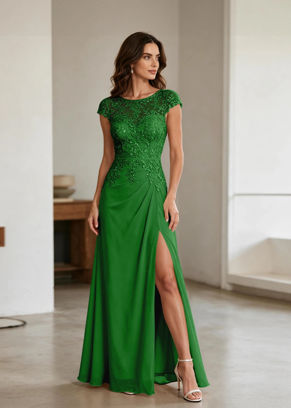 Champagne Lace Cap-Sleeve Chiffon Formal Dress