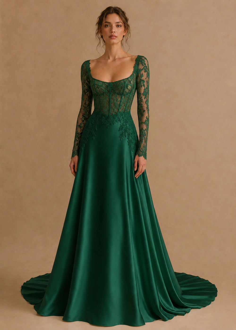 Front view of the emerald green square-neck A-line gown with a lace corset-style bodice, long sleeves, and a train