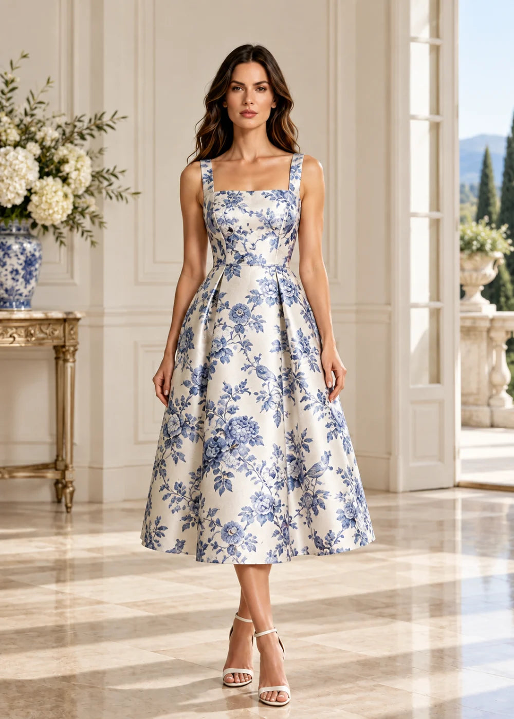 Front view of the ivory and blue square-neck floral A-line midi dress with a full skirt