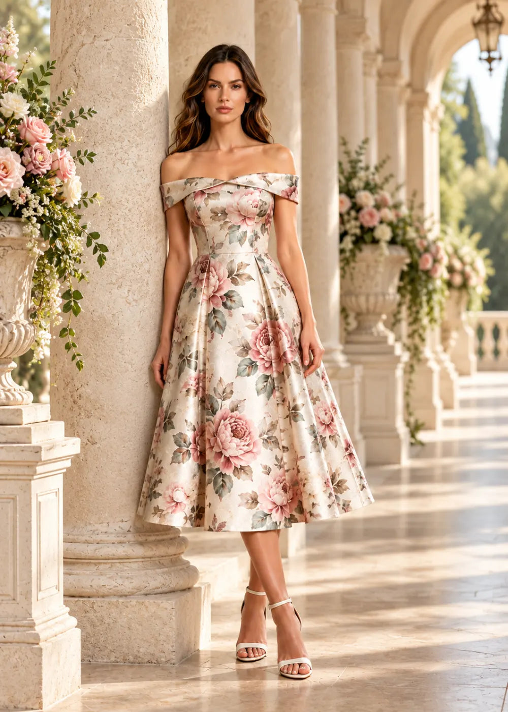 Angled view of the ivory and pink floral off-the-shoulder A-line midi dress