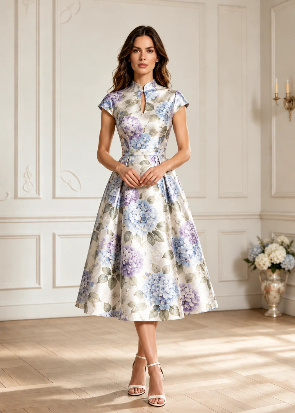 Front view of the ivory high-neck floral A-line midi dress with cap sleeves