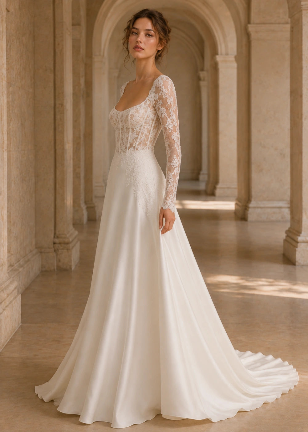 Editorial view of the ivory square-neck A-line gown with a lace corset-style bodice, long sleeves, and a train