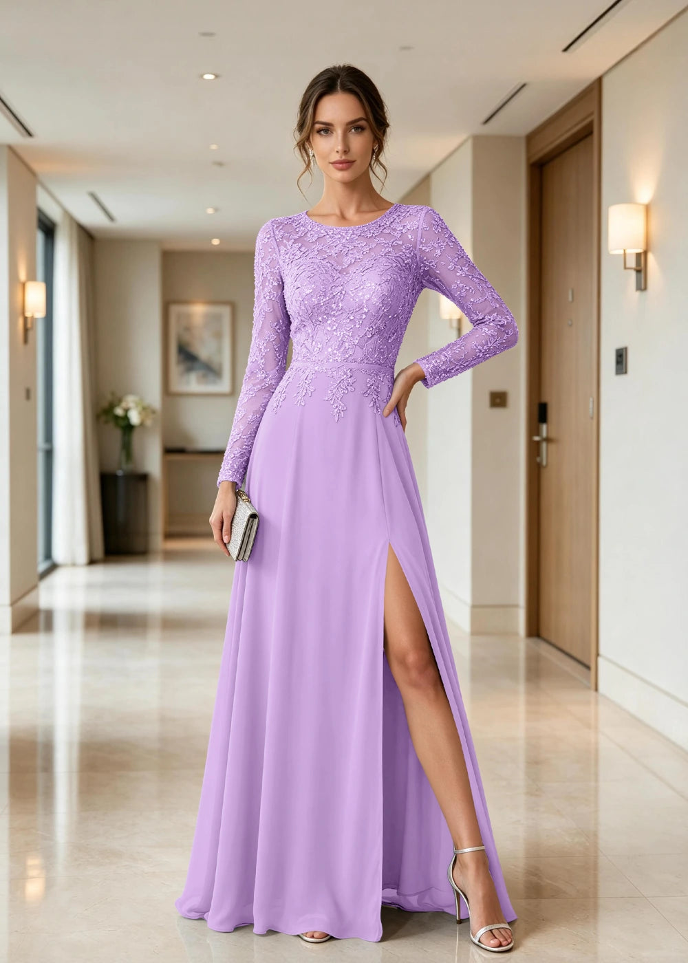 Dusty Blue Illusion-Neck Long-Sleeve Chiffon Dress