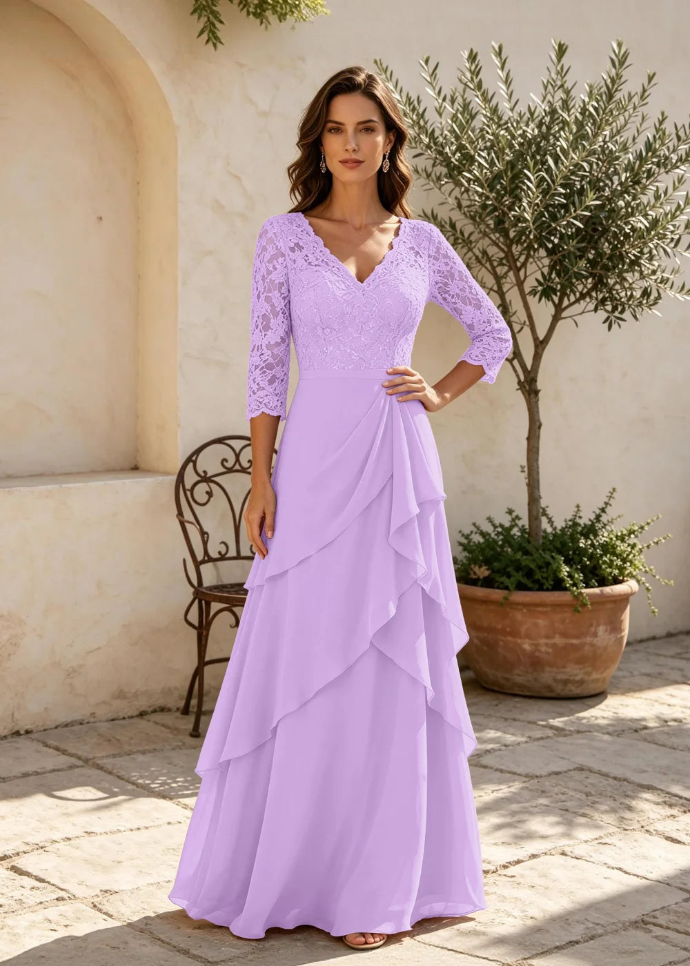 Dusty Rose V-Neck Ruffle Chiffon Maxi Dress