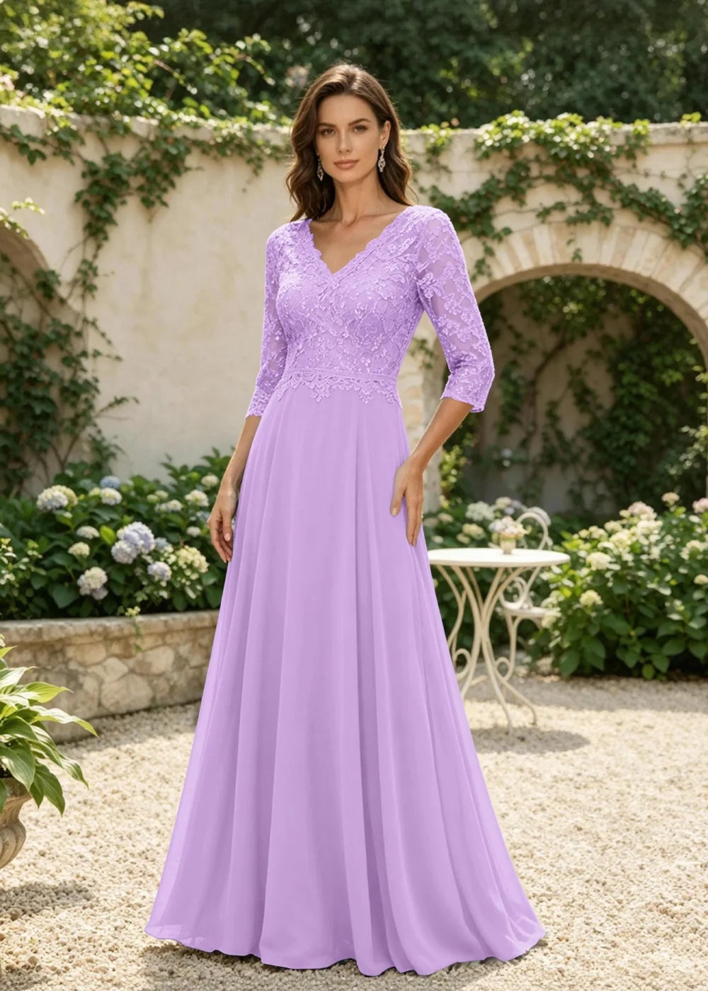 Dusty Blue V-Neck Three-Quarter Lace-Sleeve Maxi Dress