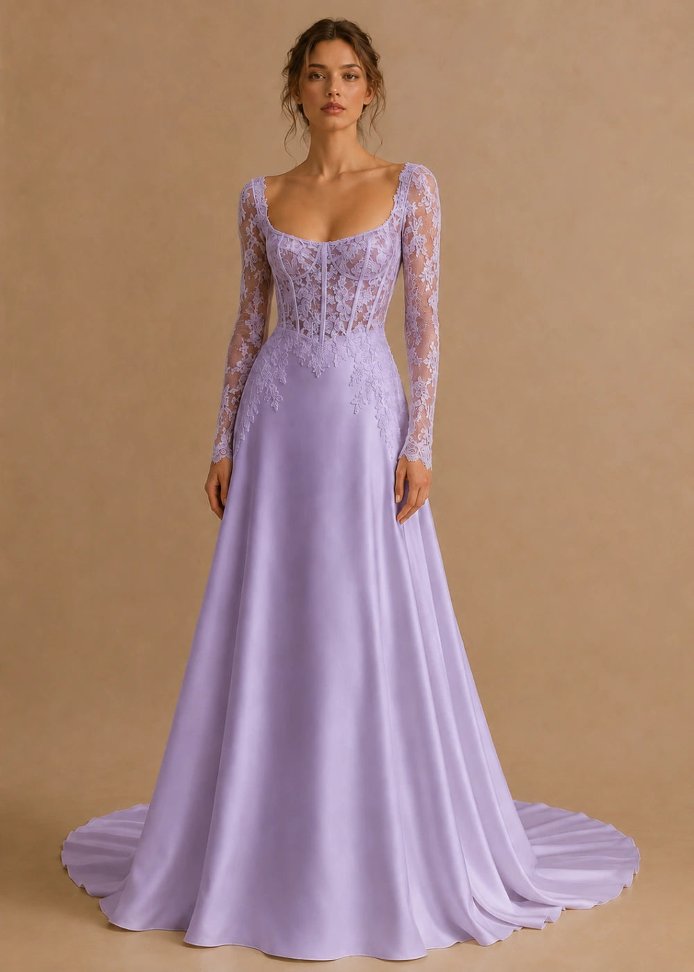 Front view of the lavender square-neck A-line gown with a lace corset-style bodice, long sleeves, and a train