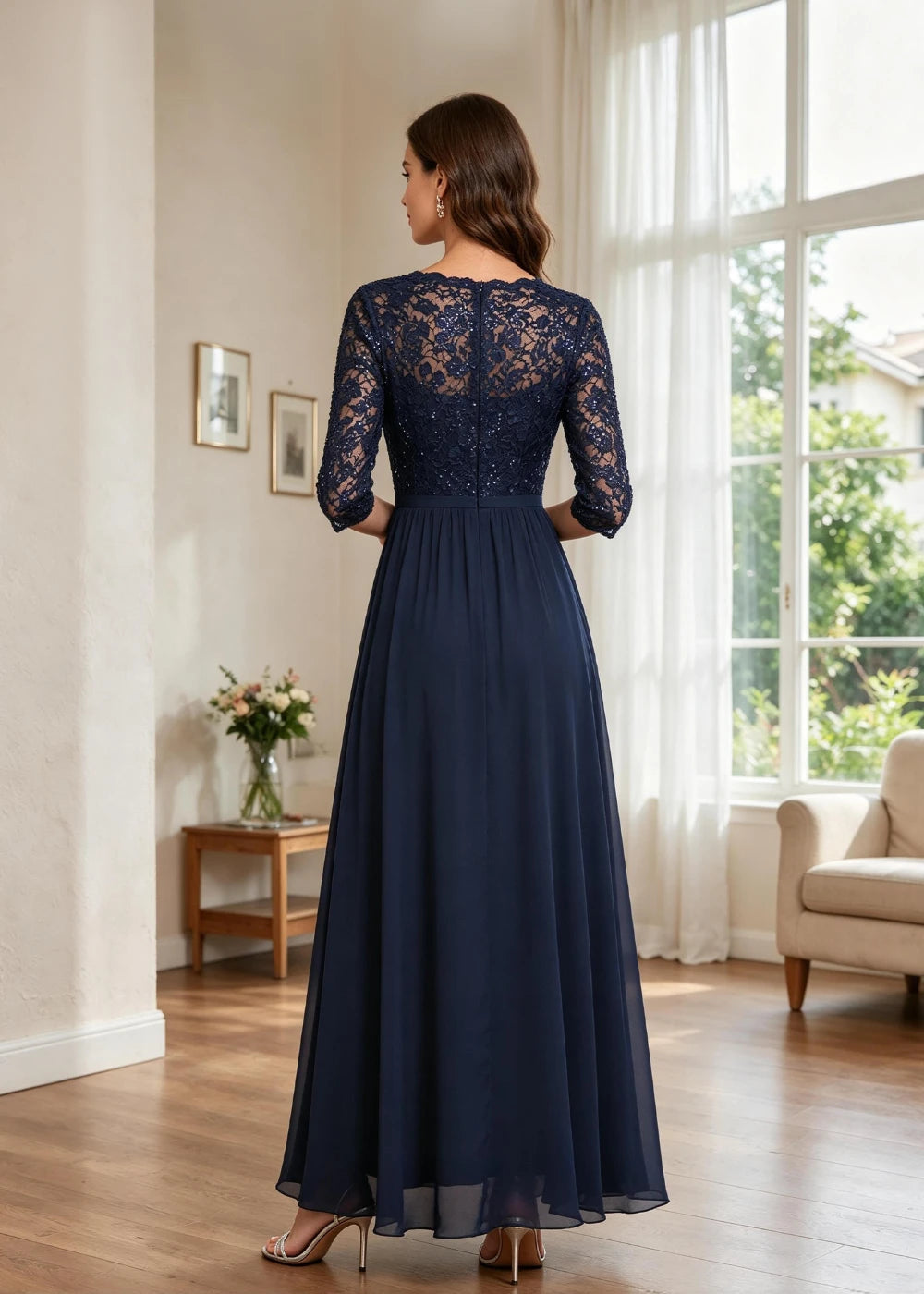 Navy Blue V-Neck Lace-Sleeve Chiffon Maxi Dress