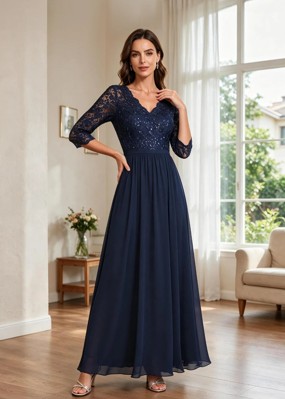 Navy Blue V-Neck Lace-Sleeve Chiffon Maxi Dress