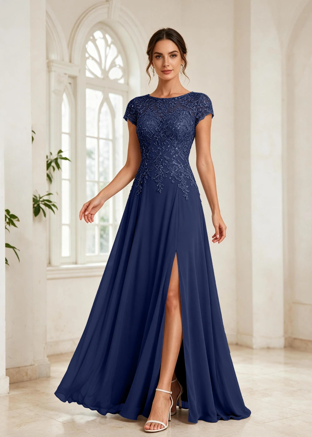 Slate Blue Beaded Cap-Sleeve Chiffon Formal Dress