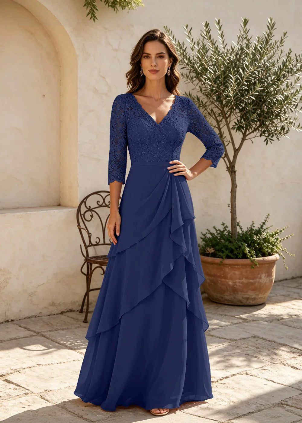 Dusty Rose V-Neck Ruffle Chiffon Maxi Dress