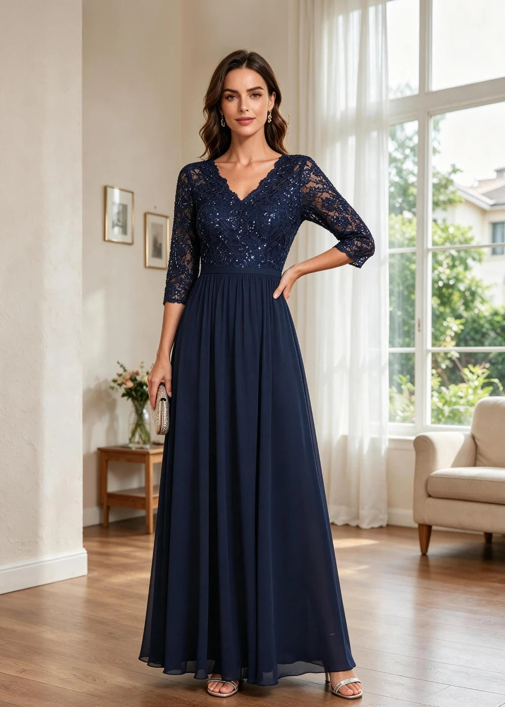 Navy Blue V-Neck Lace-Sleeve Chiffon Maxi Dress