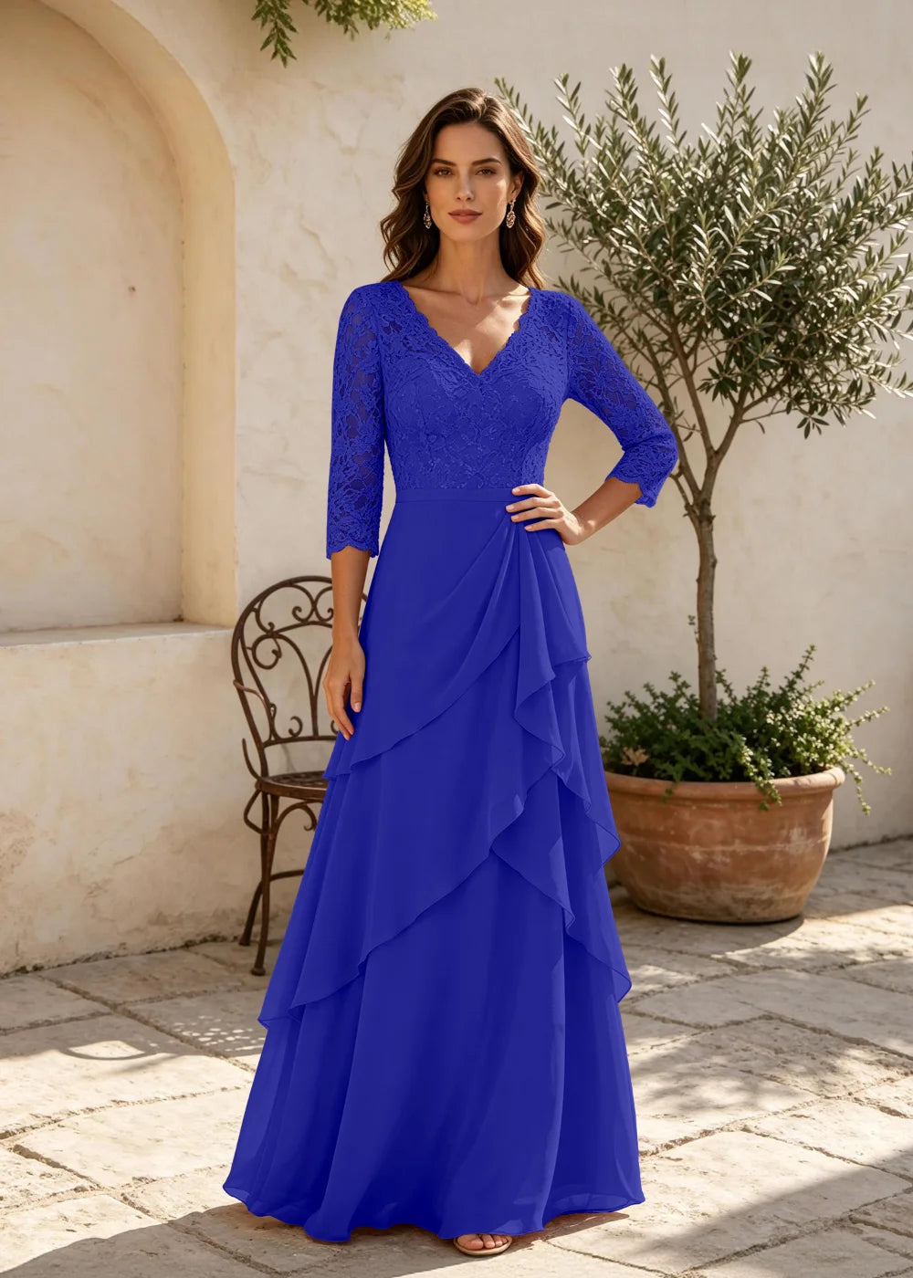 Dusty Rose V-Neck Ruffle Chiffon Maxi Dress