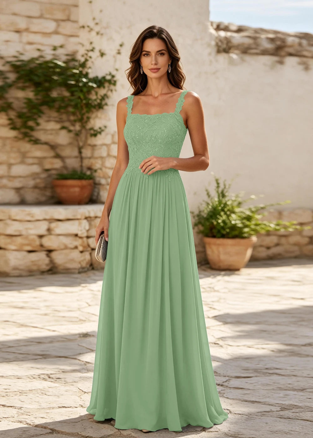 Dusty Blue Square-Neck Beaded Chiffon Evening Gown