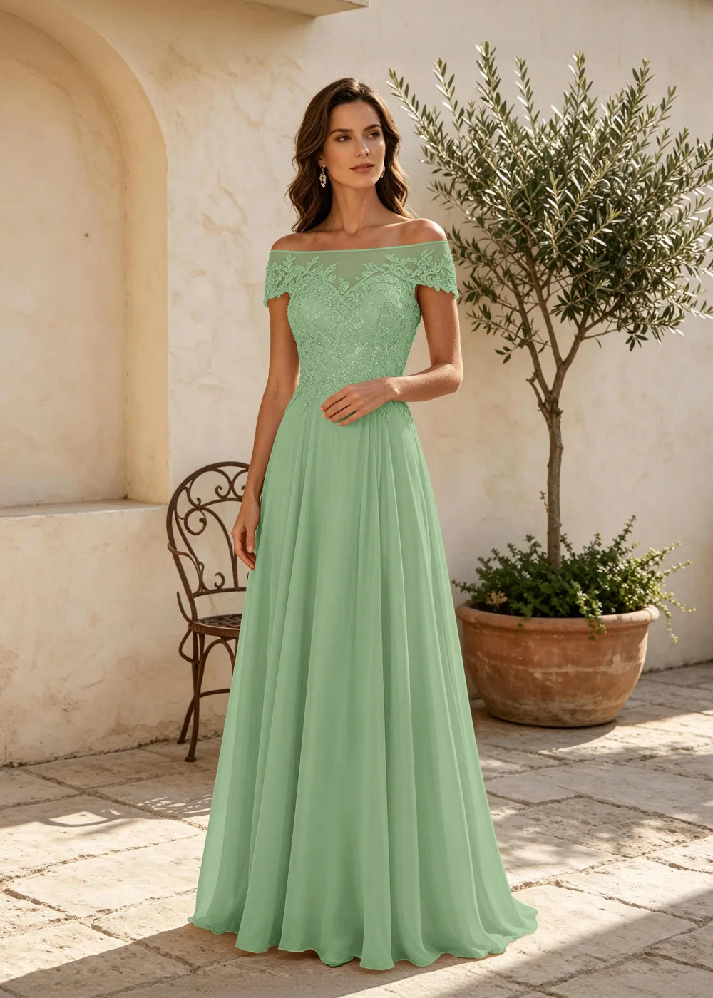 Champagne Off the Shoulder Maxi Dress with Lace