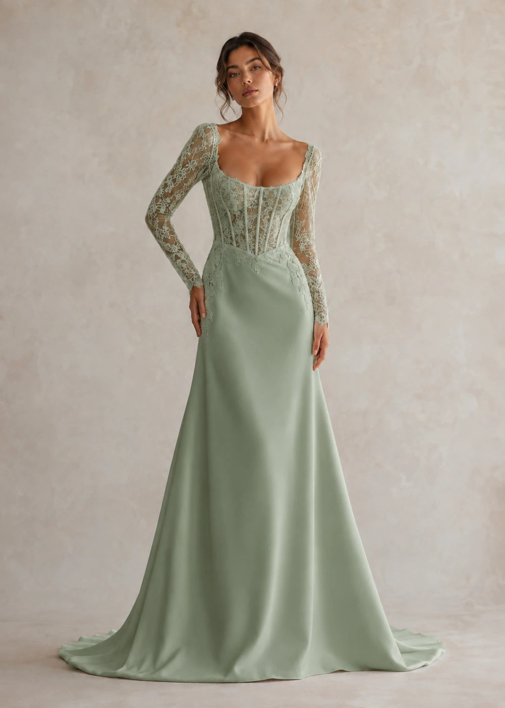 Front view of the sage green square-neck fitted gown with long floral-lace sleeves and a softly flared train