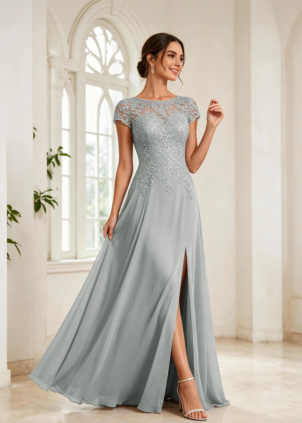 Slate Blue Beaded Cap-Sleeve Chiffon Formal Dress