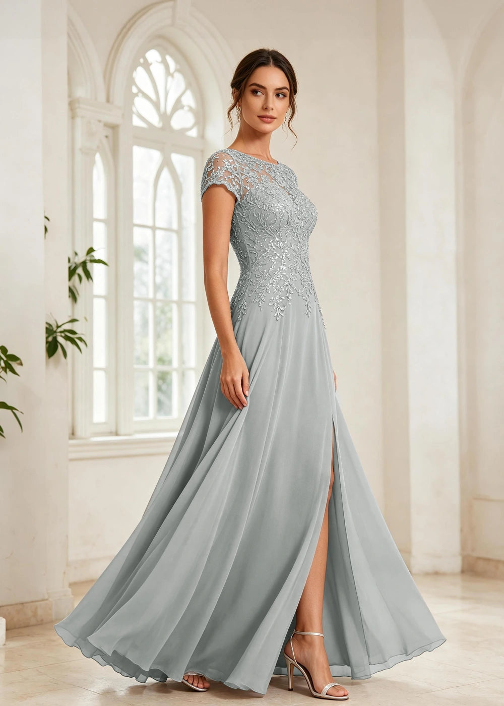 Slate Blue Beaded Cap-Sleeve Chiffon Formal Dress