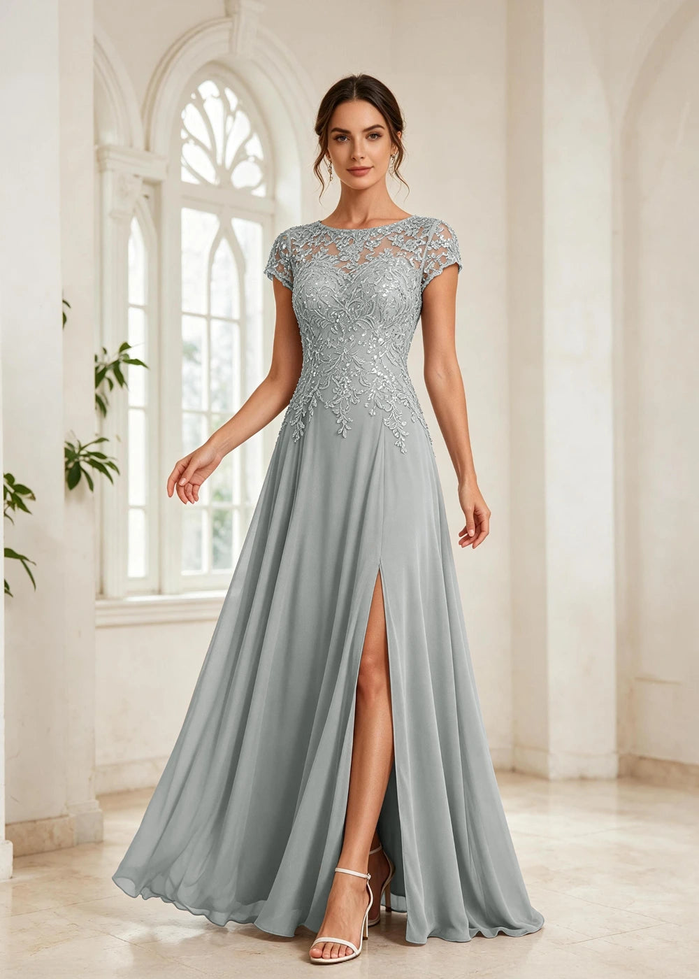 Slate Blue Beaded Cap-Sleeve Chiffon Formal Dress