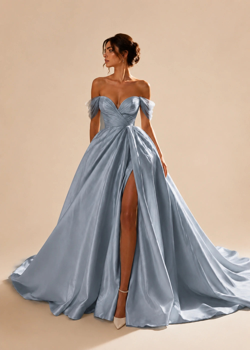 Front view of the steel blue off-the-shoulder A-line gown with a corset bodice, high slit, and train