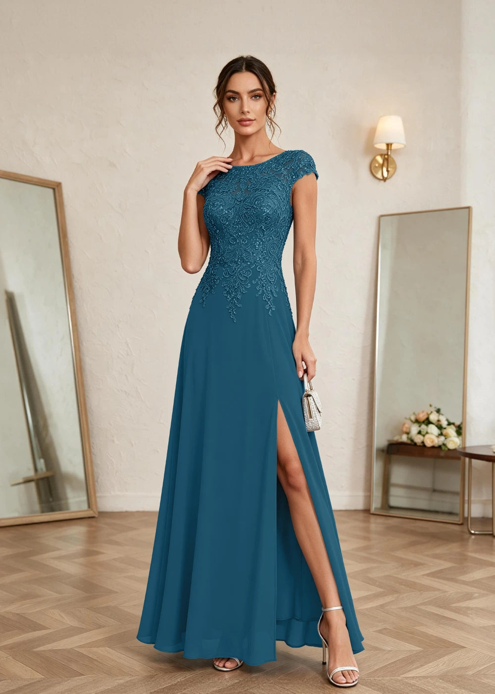 Dusty Blue Cap-Sleeve Lace Chiffon Dress with Slit