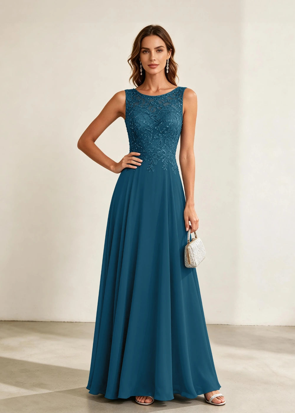 Dusty Blue Sleeveless Lace-Bodice Chiffon Formal Dress